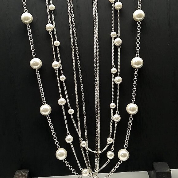 Vintage Style Multi-Strand Faux Pearl & Chain Link Necklace NWOT - Picture 3 of 15